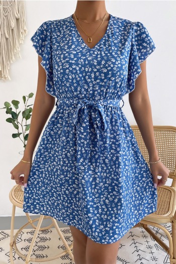 Summer new stylish simple batch printing inelastic v-neck casual midi dress(with belt)