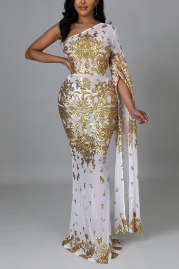 spring new stylish sequin mesh see-through plus size stretch zip-up one shoulder sexy maxi dress