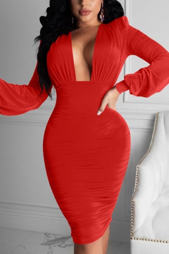 Spring new stylish simple solid color stretch pleated slim deep v sexy midi dress(with shoulder pad)