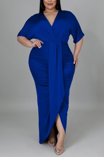 l-4xl plus size spring new stylish solid color pleated stretch slit v-neck casual maxi dress