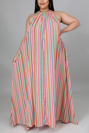 l-4xl plus size spring new 5 colors stylish stripe batch printing loose micro elastic casual maxi dress