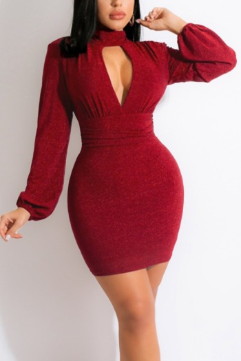 spring new stylish solid color hollow zip-up plus size stretch slim sexy mini dress