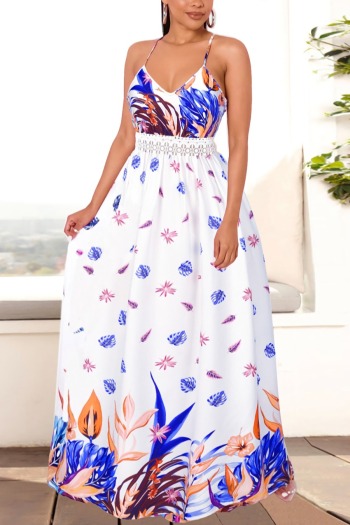 Summer two colors plus size leaf flower batch printing lace spliced stretch sling sexy maxi dress