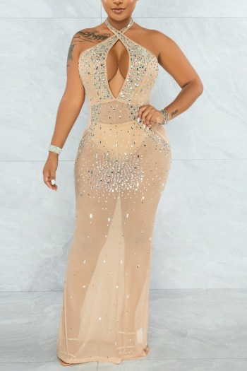 Spring new stylish rhinestone mesh see-through halter neck stretch zip-up slim plus size hollow backless sexy maxi dress(with lining)