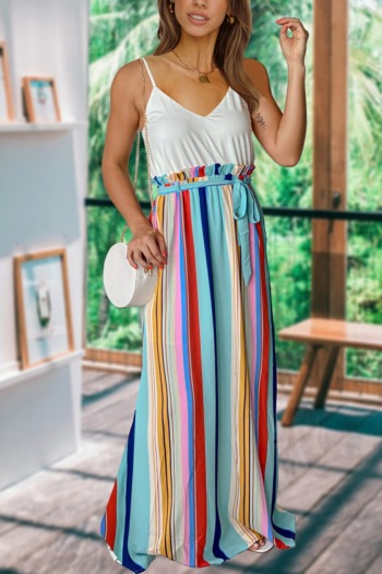 Summer plus size multicolor striped spliced micro-elastic adjustable straps stylish casual maxi dress with belt