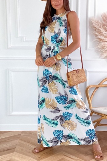 Summer plus size two colors leaf batch printing stretch sleeveless stylish casual maxi dress with belt