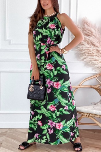 Summer plus size two colors flower leaf batch printing stretch sleeveless stylish casual maxi dress with belt