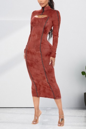 S-5XL plus size spring new stylish hollow tie-dye batch printing stretch slim zip-up casual midi dress