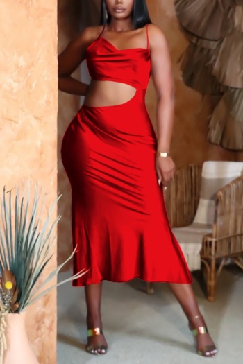 Spring new stylish simple solid color sling hollow backless stretch plus size sexy midi dress
