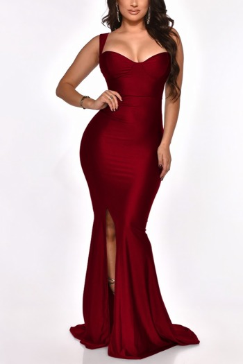 Spring new stylish simple solid color plus size stretch sling slit slim sexy maxi dress(with padded)