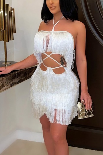 Summer new stylish solid color halter neck fringed backless stretch hollow plus size sexy mini dress