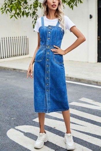 Spring & summer new inelastic single-breasted pockets sling stylish casual denim midi dress (without top)