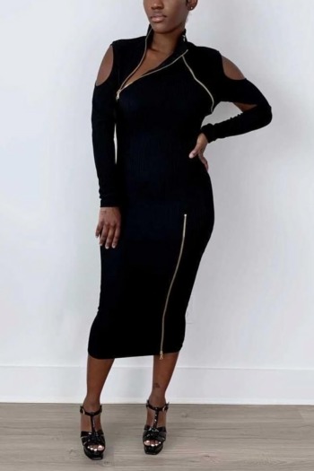 Spring new plus size solid color stretch hollow zip-up stylish midi dress