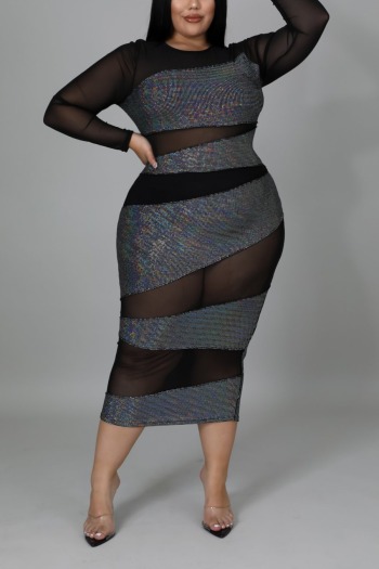 XL-5XL spring see through mesh bronzing spliced stretch sexy bodycon midi dress