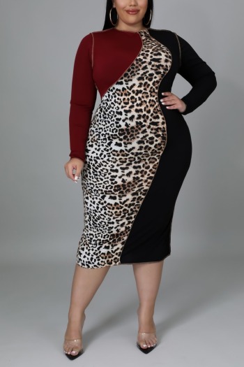 XL-5XL spring three colors leopard spliced stretch stylish midi dress