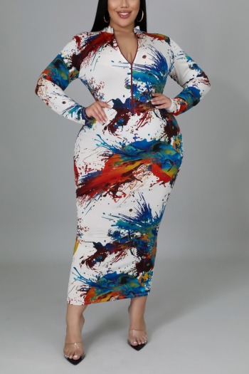 XL-5XL spring multicolor printing stretch zip-up stylish midi dress