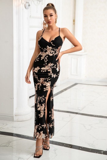 xs-l spring new stylish sequin sling good quality zip-up backless slit micro elastic maxi dress