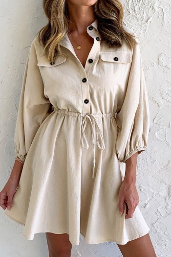 Spring plus size solid color inelastic tie-waist three quarter sleeves stylish casual mini shirtdress