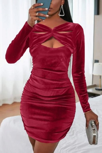 Spring new stylish simple solid color velvet hollow slim pleated stretch plus size sexy mini dress