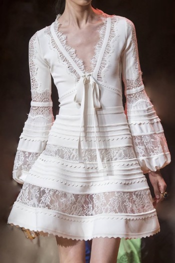 spring new stylish lace patchwork see-through v-neck high quality zip-up inelastic lantern sleeve elegant mini dress