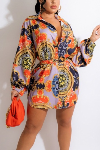 spring new stylish simple batch printing single breasted micro elastic loose plus size casual mini dress(without belt)