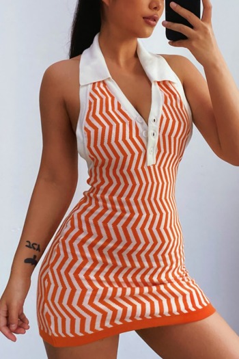 spring & summer orange halter-neck button woolen weaving stripe batch printing slim stretch sexy mini dress(new add colors)