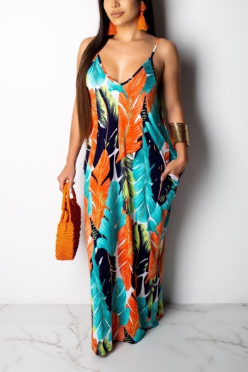 summer new stylish multicolor batch printing sling stretch pocket plus size loose casual maxi dress