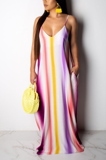 summer new stylish stripe multicolor batch printing sling stretch pocket plus size loose casual maxi dress