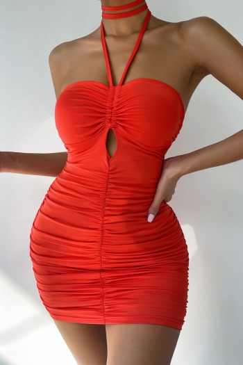 xs-l summer new stylish pleated simple solid color hollow halter neck backless stretch slim sexy mini dress