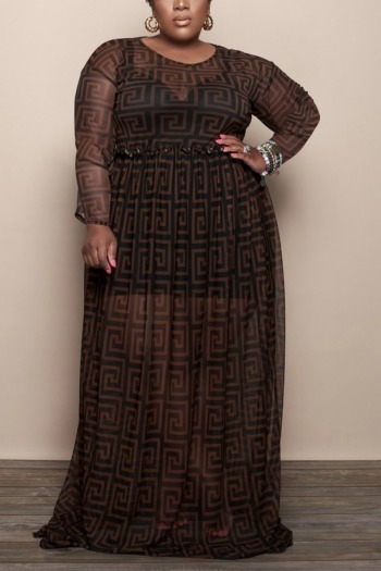 l-4xl spring geometric pattern printing see through mesh stretch floor length sexy maxi dress (without lining)