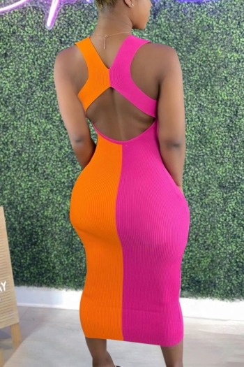 summer new plus size three colors contrast color spliced ribbed knit stretch low-cut backless sexy bodycon midi dress