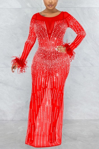 spring new stylish solid color rhinestone mesh see-through plus size stretch feather sexy maxi dress