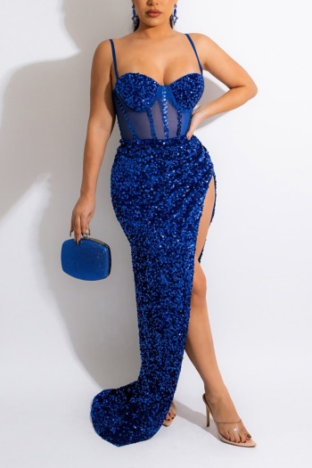 summer new stylish solid color high slit sling mesh patchwork sequins backless stretch plus size sexy maxi dress