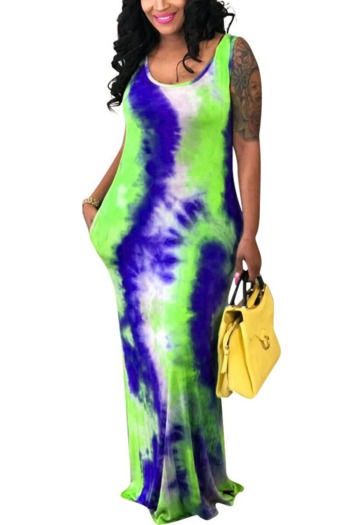 summer new stylish simple tie dye batch printing stretch plus size pocket casual maxi dress