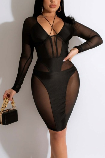 spring new stylish simple mesh patchwork see-through stretch plus size sexy midi dress