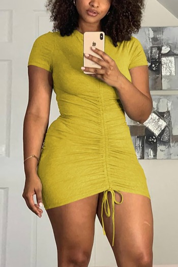 summer new stylis solid color stretch pleated drawstring slim sexy mini dress