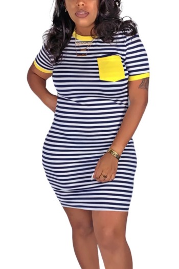 summer new stylish simple 5 colors stripe batch printing contrast color pocket stretch plus size casual mini dress