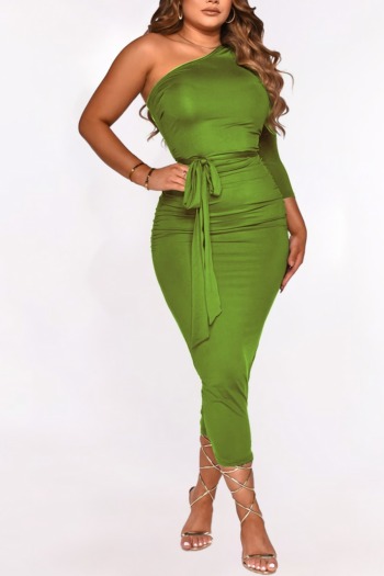 spring new stylish simple solid color 7 colors plus size one shoulder pleated stretch slim with belt casual midi dress