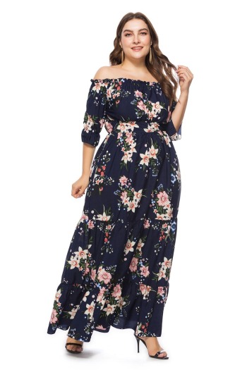 xl-6xl plus size spring new stylish inelastic floral batch printing off-the shoulder elbow sleeves casual maxi dress