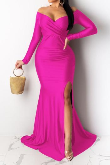sexy plus size slight stretch solid color one shoulder high slit maxi dress