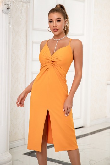 summer new stylish simple solid color sling good quality slits stretch zip-up sexy midi dress