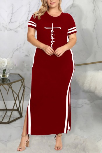 l-5xl plus size summer new stylish simple letter printing loose 6 colors contrast color slit casual maxi dress
