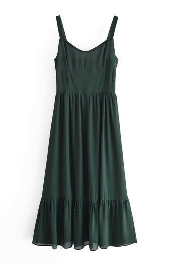 summer new stylish vintage green inelastic ruffled back zip-up sling casual midi dress