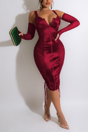 spring new stylish mesh patchwork see-through zip-up slim shirring stretch 4 colors sling sexy midi dress(includes a pair of sleeves)