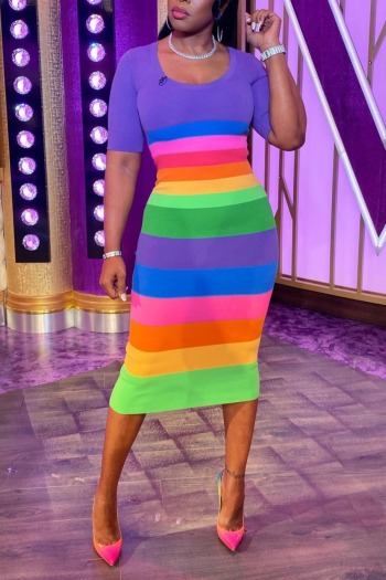 summer new stylish simple rainbow printing stretch slim plus size casual midi dress
