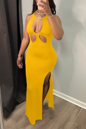 Summer new stylish simple solid color orange hollow high slits plus size stretch sleeveless sexy maxi dress