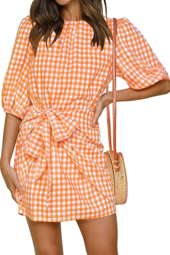 spring new stylish plaid batch printing 5 colors orange inelastic plus size casual mini dress
