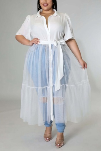xl-5xl plus size summer new stylish solid color micro elastic single-breasted see through mesh patchwork casual midi dress with belt(without pants)