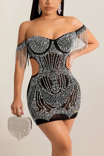 summer new plus size stretch see through mesh patchwork rhinestone hollow tassel off the shoulder backless slim sexy mini dress(without panties)