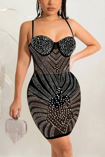 summer new plus size 4 colors stretch see through mesh patchwork rhinestone sling backless slim sexy mini dress(with lining and padded)